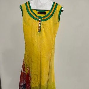 Yellow green Indian Pakistani umbrella flare designer kurti tunic